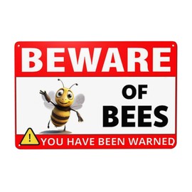 Beware Bees Tin Sign 8X12 Inch Vintage Funny Bee Design Ideal For Garden Dining Room Outdoor House Bathroom Wall Art Rustic Finish Gift