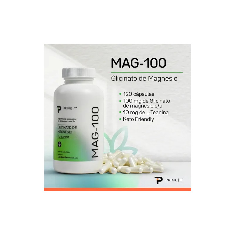 Magnesio Glicinato Mag100 Primetech 100 Cáps Una Combinación Aminoácido Glicina