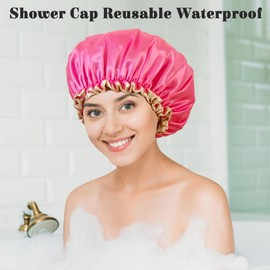 choshion Shower Cap Reusable Waterproof, Large Shower Cap for Women, Shower Caps for Braids Long Hair, Double Layer Satin Plastic Hair Cap for Shower