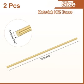 sourcing map 2 Pcs 3/16"(4.8mm) Dia Brass Solid Round Rod, 8"(203mm) Length H62 Brass Lathe Bar Stock Round Brass Rod for DIY Crafts Industry Construction