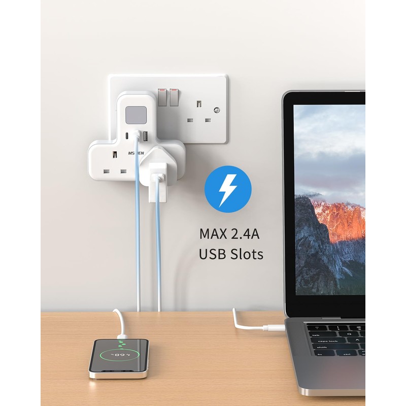 Double Plug Adaptor with USB (1USB-C, 2 USB-A), MSCIEN Plug