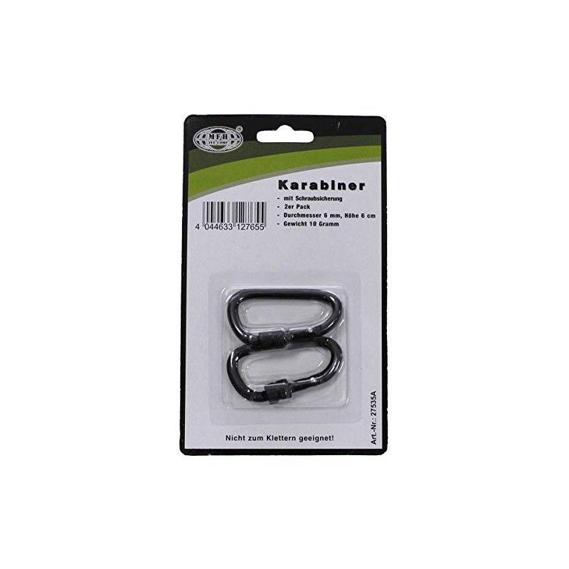 Karabiner, Schraubverschluss, D 6mmx6cm, 2er Pack, schwarz