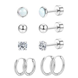 KRFY 5 Pairs Titanium Earrings for Men and Women, G23 Titanium Stud Earrings, Creole Earrings Opal Cubic Zirconia Ears, Piercing, Hypoallergenic Titanium Earrings, 20G Flatback Hoop Earrings for Women