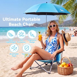 Folding Beach Chair for Adults with UPF 50+ Umbrella, Lightweight Low Beach Chair with Mesh Back,300lbs Capacity Portable Camping Chair with Carry Bag for Outdoor Lawn Camping Concerts (Blue)