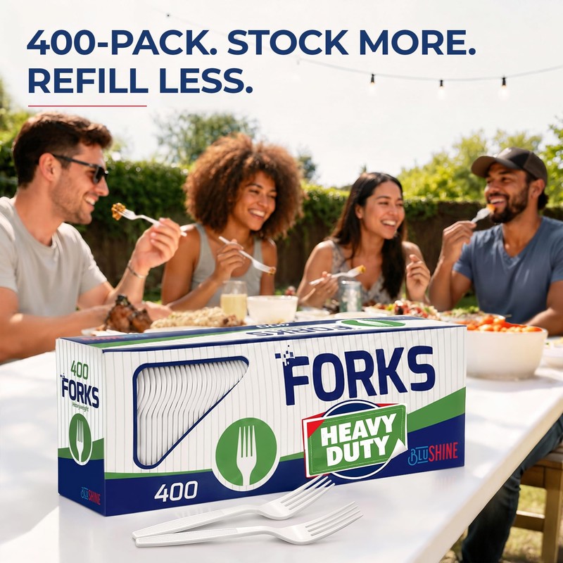 BluShine Heavy Duty Plastic Forks, Disposable Bulk Cutlery