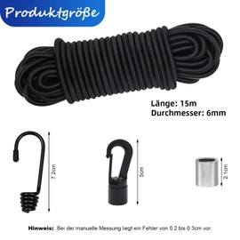 suruikei Rubber Cord 6 mm 15 m Black, Elastic Expander Rope, Rubber Cord, Rubber Cord, Rubber Band, Tarpaulin Rope, Tension Rope with Hooks, Accessories, DIY (Black, 6 mm x 15 m)