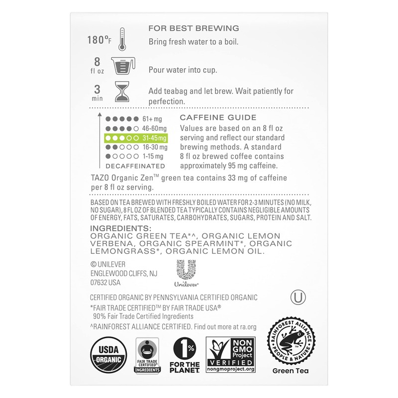TAZO Organic Zen Green Tea Bags, Caffeine Free Tea with