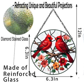 Stained Glass Cardinal Window Suncatcher Hanging Standing 2 Red Bird Flower Ornament Glass Wall Decor Christmas Home Birthday Sun Catcher Gift for Grandma Birds Lover