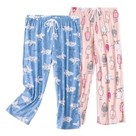 ENJOYNIGHT Women's Capri Pajama Pants Cotton Lounge Bottoms Print Sleep Pants with Drawstring(Medium,Sheep+Moon)