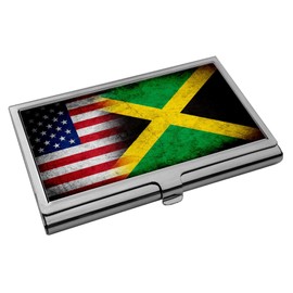Premium Stainless Steel Business Card Holder - Flag of Jamaica (Jamaican) - Rustic/USA