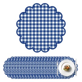 100Pcs Checkered Paper Placemats Dark Blue Gingham Place Mats 13.5 Inch Disposable Round Decorative Dining Table Mat with Scalloped Edge Paper Cutouts Decor for Summer Picnic BBQ Table Party Supplies