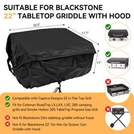 Griddle Cover for Blackstone 22in Tabletop Griddle with Hood & Captiva Designs 22 in Flat Top Grill - BBQ Gas Grill Cover Tabletop Griddle Cover for Outdoor Grill, Waterproof, Anti-UV, Black