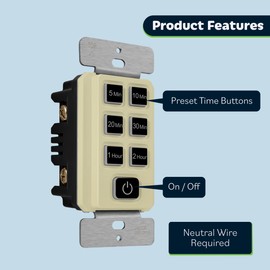 TOPGREENER 2-Hour Countdown Timer Switch, 5-10-20-30 Min 1-2 Hour Settings, for Fans and Lights, LED Indicator, 120VAC 60Hz, 1/2HP, 150W LED, Neutral Wire Required, UL Listed, TGT06-2H-RT-I, Ivory