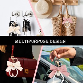 SMUOBT 2Pcs Cute Bow Keychain for Women,Pearl Key Chains for Car Keys Coquette Bow Keychain Accessories Chrams, Pink White Bow, Medium