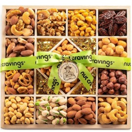 Nut Gift Basket in Wooden Tray + Green Ribbon (13 Piece Assortment)