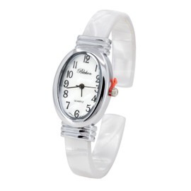 Blekon Collections Women's Round, Oval, Rectangle Case Shapes Acrylic Tortoise Shell Color Design Cuff Bangle Watch ((Silver/White/WhitePearl/Oval))