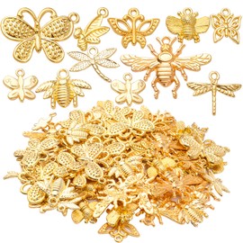 100pcs Gold Plated Mixed Butterfly Dragonfly Honeybee Charms Alloy Insect Dangle Pendants Craft Supplies for DIY Necklace Bracelet Jewelry Making Findings Accessory, 10 Styles