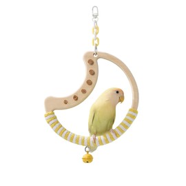 Tafit Natural Bird Swing - Moon-Shaped Parrot Perch with Bell and Cork Toys, Spinning Wooden Stand for Parakeets, Budgies, Lovebirds and Small/Medium Birds (White + Yellow)