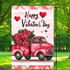 BlissYard Happy Valentines Day Truck Garden Flag Double Sided 12×18 Flag Happy Valentine's Day Garden Flag Red Truck Hearts Tree Garden Flag Outdoor Small Holiday Anniversary Wedding Love Decoration