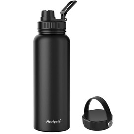 Navigate 40 oz Stainless Steel Insulated Water Bottle,Double Walled Leak Proof Keep Cold for 24 Hrs Hot for 12 Hrs,Wide Mouth Water Jug with Spout & Handle Lids,Black