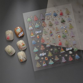 Christmas Nails Art Stickers Colorful Xmas Tree with Gold Stripe Designs Nails Stickers Winter Gold Snowflake Nail Supplies Nail Decals Colorful 5D Embossed Self-Adhesive Christmas Tree Nails Decor