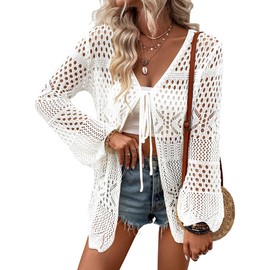 Women Lightweight Crochet Cardigans Tie Front Hollow Out Long Sleeve Knitted Cardigan Cover Up White