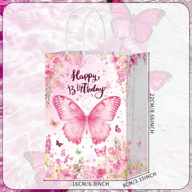 HongXingHai 16Pcs Butterfly Party Favors Gift Goodie Bags Pink Purple Flowers Treat Candy Small Floral Paper Bags with Handles for Kids Birthday Party (Pink Butterflies, 16)