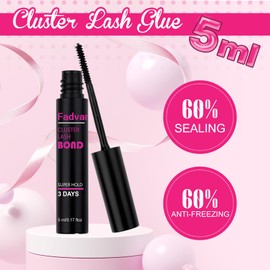FADVAN Cluster Lash Glue, Lash Bond Mascara Wand Eyelash Glue for Individual Cluster Lashes Long-Lasting Waterproof Latex Free Strong Hold 72 Hours for DIY Lash Extensions(Black,5ml)