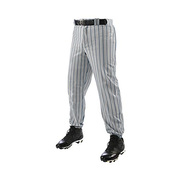 CHAMPRO Traditional Fit Triple Crown Classic Baseball Pants with Knit-in Pinstripes and Reinforced Sliding Areas, Grey, Navy pin, Small