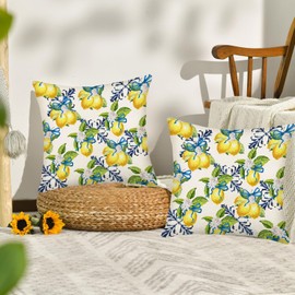 Fukeen Yellow Lemon Pillow Covers 24x24 Inch Set of 2 Summer Fruit Leaves Lemon Pillow Case Green Yellow Watercolor Decorative Throw Pillows Summer Square Cushion Cover Decor for Sofa Bed