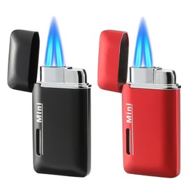 Cponmist 2 Pack Mini Butane Lighter, Double Jet Torch Lighter with Visible Window, Refillable and Adjustable Pocket Lighter, Great Little Gift for Men and Women, Black and Red (Without Gas)