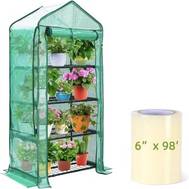 Ohuhu Upgraded Mini Greenhouse with 6" x 98' Repair Tape, Heavy Duty Small Plastic Plant Green House 4-Tier Rack Stand with Reinforced Clear Plastic Film Tape