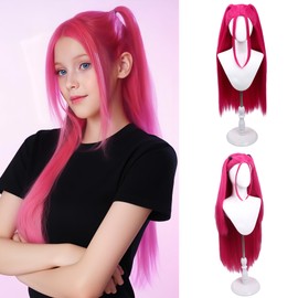 WAVELNM Hot Pink Wigs for Kids Girls Magenta Wig with 2 pigtails Long Straight Pink Wig for Child Halloween Party Anime Cosplay Wigs