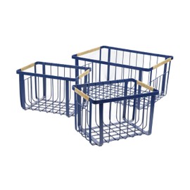 happimess BSK3003D-3SET Henley Vintage Farmhouse Wire Metal Nesting Storage Baskets with Jute Wrapped Handles for Shelves, Cabinets, Pantry, Countertop, Mesh Open Bin Basket, Navy (Set of 3)