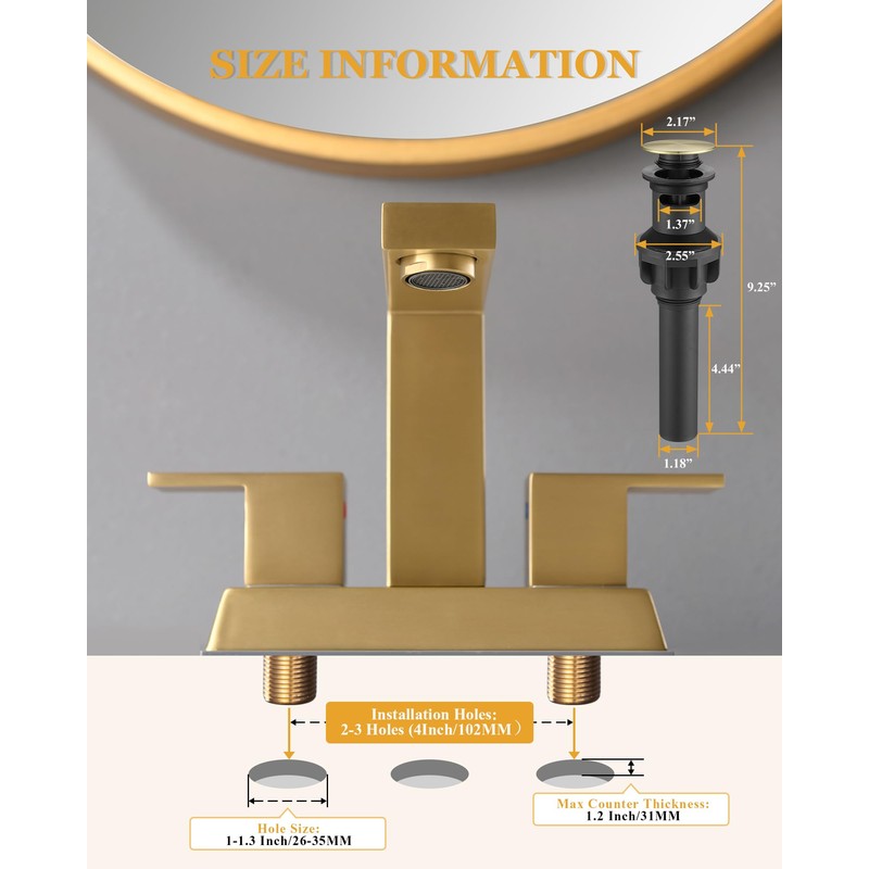 Tohlar Brushed Gold 2 Handle 4 Inch Centerset Bathroom Faucet