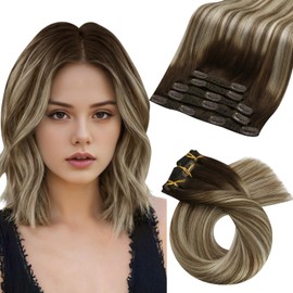 Moresoo Hair Extensions for Women Clip in Colorful Clip in Hair Extensions Human Hair Blonde Balayage Dark Brown to Medium Brown with Bleach Blonde Hair Extensions Clip in Ombre 5Pcs 80g 14Inch