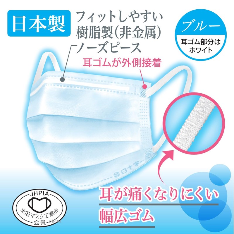 [White Cross] Surgical Mask, HP, Blue, 50 Pieces, JIS Standard,