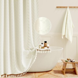 BTTN 92 x 182cm Boho Farmhouse Shower Curtain, Narrow Tufted Chevron Striped Tassel Shower Curtain Set with 6 Hooks, Weighted Hem and Waterproof, Ruffled Vintage Bohemian Bath Curtains, Beige/Cream