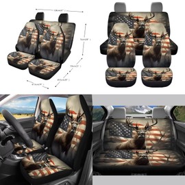 Wetoricau Deer American Flag Print 10 Pieces Car Accessories Sets Wear-Resistan Front Rear Bench Bucket Seat Cover Steering Wheel Cover Car Garbage Can Air Vent Pouch Coaster Keychain Vehicle Interior
