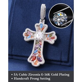 LuxeFlex Gothic Colorful Iced Out Cross Pendant with 20" Stainless Steel Rope Chain, Heavyweight Oversized Design, 14K Gold Plated, 5A CZ Stones, Hip-Hop Religious Jewelry for Men & Women (White Gold-Colorful)