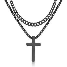 Cross Necklace for Men,Black Small Cross Pendant Stainless Steel Cuban Link Necklace with Cross Chain 18 inch,Simple Religious Christian Jesus First Communion Gifts for Boys Jewelry Father's Day