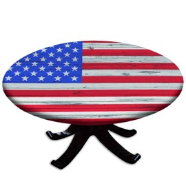 Grstplnk American Flag Fitted Oval Elastic Edge Tablecloths, Wood Grain Background Wipe Clean Table Cloth, for Outdoor Picnic Camping and Indoor Kitchen Dining Party, Fits Tables up to 28" Diameter