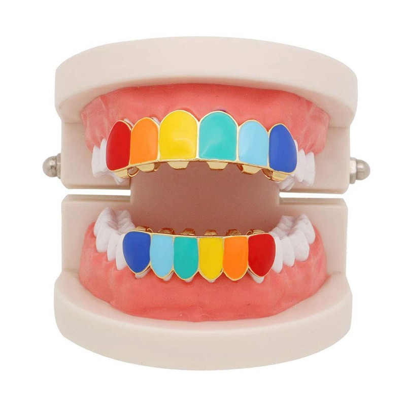 canjoyn Rainbow Grillz Vampire Fangs 6 Teeth Top Bottom Set