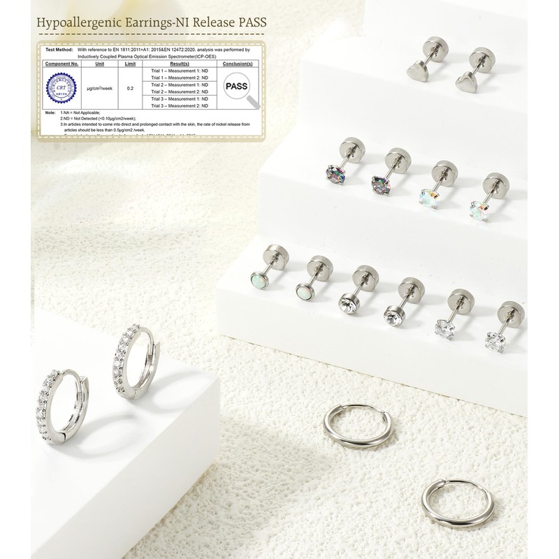 CharmeFleur Hypoallergenic Flat Back Earrings for Women - Surgical Steel