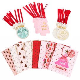 VOTUM 24pc Christmas Gift Bags with Handles + 60pc Holiday Gift Tags | Bulk Set for Wrapping Christmas Gifts, Party Favors, & Shopping – Sleek Modern Designs, Durable Paper Bags for Christmas Presents