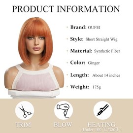 OUFEI OUFEI Ginger Bob Wig With Bangs Short Straight Wig For Women Synthetic Hair Wigs for Daily Party Cosplay Wear