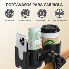 Portavasos para carriola con Soporte para teléfono,3 en 1 Portavasos Universal para Cochecito,Soporte para Bebidas de rotación de 360 Grados para Bicicleta,Silla de Bebé,Silla de Ruedas