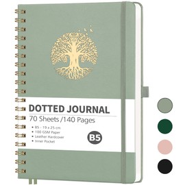 RETTACY Dotted Notebook B5 - Bullet Dot Journal Notepad for Writing,Spiral Note Book 140 Pages /70 Sheets 100gsm Paper with Bookmark,Pen Loop,Journal Stencils,Inner Pocket - LightGreen