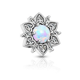 Pierced Owl - 14GA Stainless Steel CZ Crystal Flower with Synthetic Opal Center Internally Threaded Dermal Anchor Top, Metal, cubic-zirconia