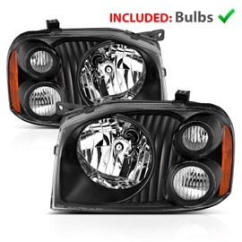 AmeriLite 2001-2004 Replacement Halogen Headlights For Nissan Frontier Pickup Truck D22 Base/SE/SC/XE (Pair) With Hi/Lo Beam Bulb, Vehicle Light Assembly, Black